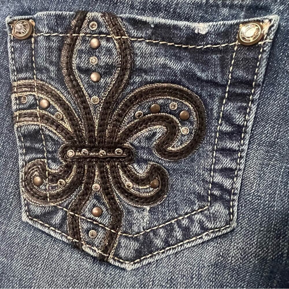 Miss Me Skinny Raw Hem Embroidered Bling Pocket Denim Y2k Moto Jeans Size 27 - Picture 7 of 15